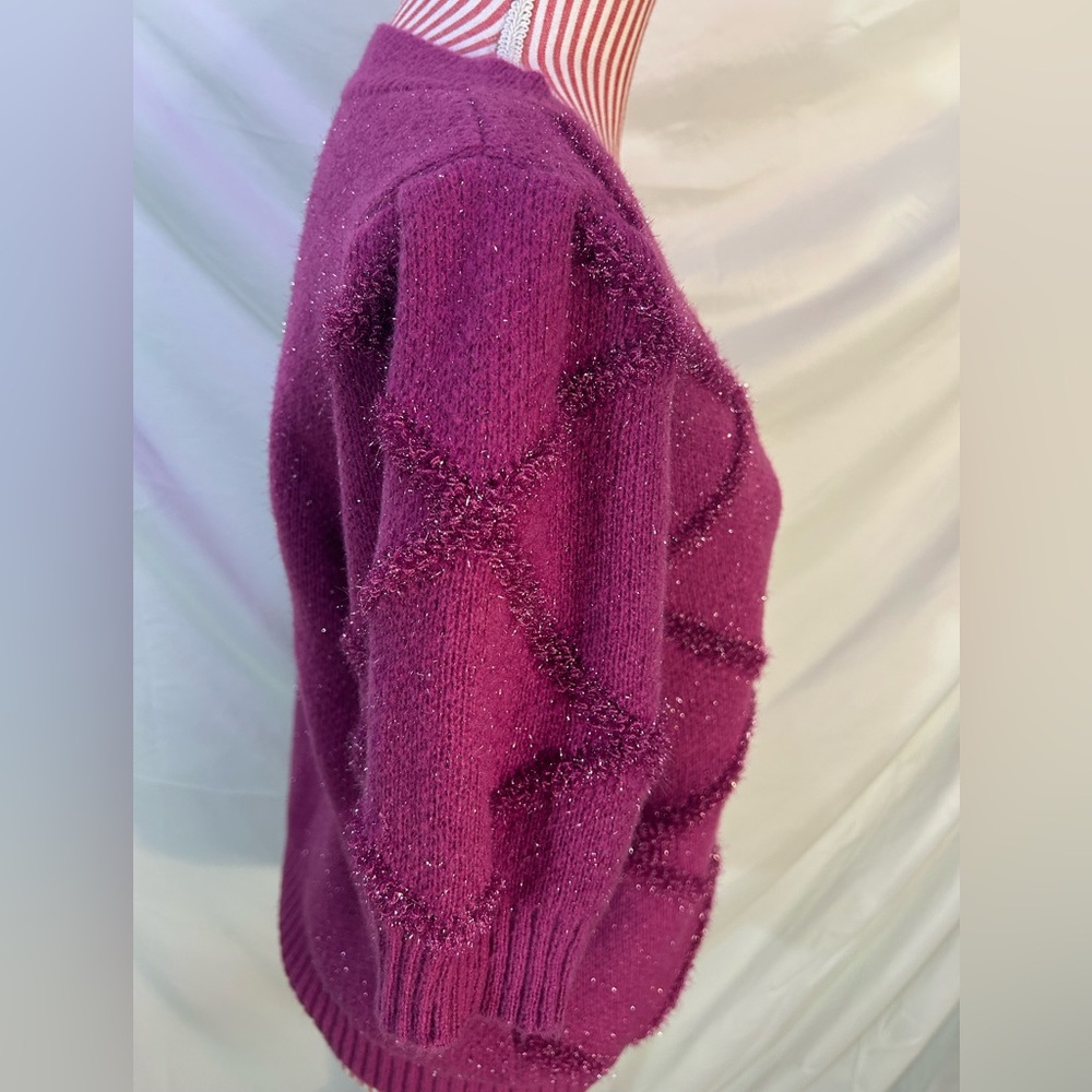 Ces Femme Pink Fuzzy Sparkly Knit Sweater Short Puff Sleeves Size Large - Picture 5 of 8